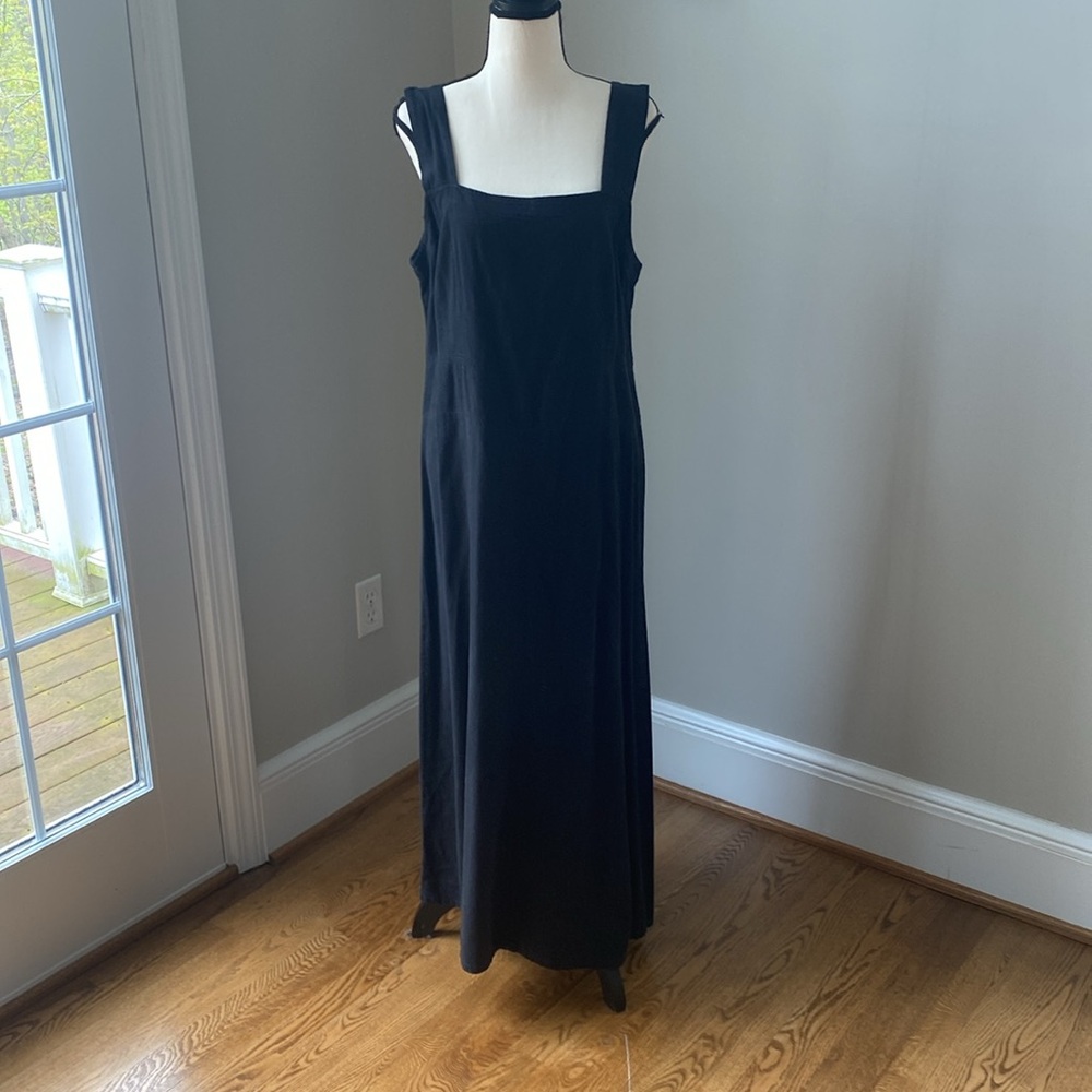 Size large linen rayon black apron dress adjustable granola maxi made is USA